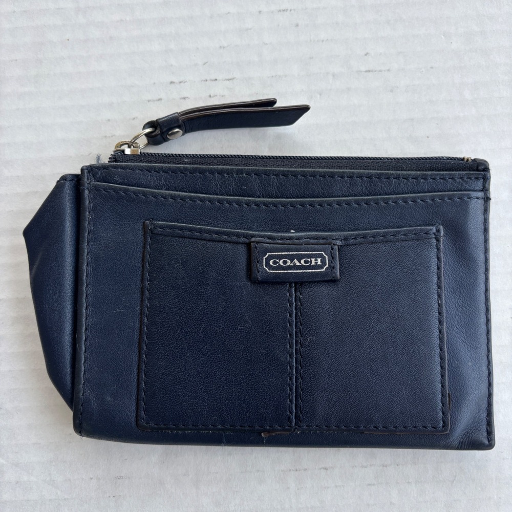 Coach Navy Blue Leather Mini‎ Skinny ID Case Wallet Key Ring Zip Pouch